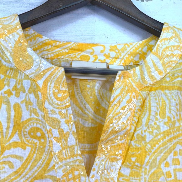 Chicos Linen Tunic Top Yellow White Paisley Print Sequins V Neck‎ Size 3/US 16 - Picture 5 of 14